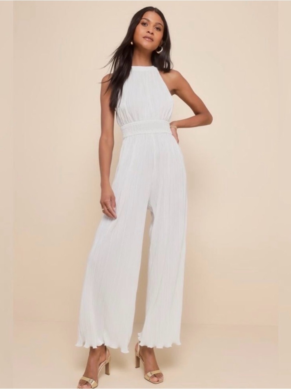 Lulu's White Pleated Halter Wide-Leg Jumpsuit